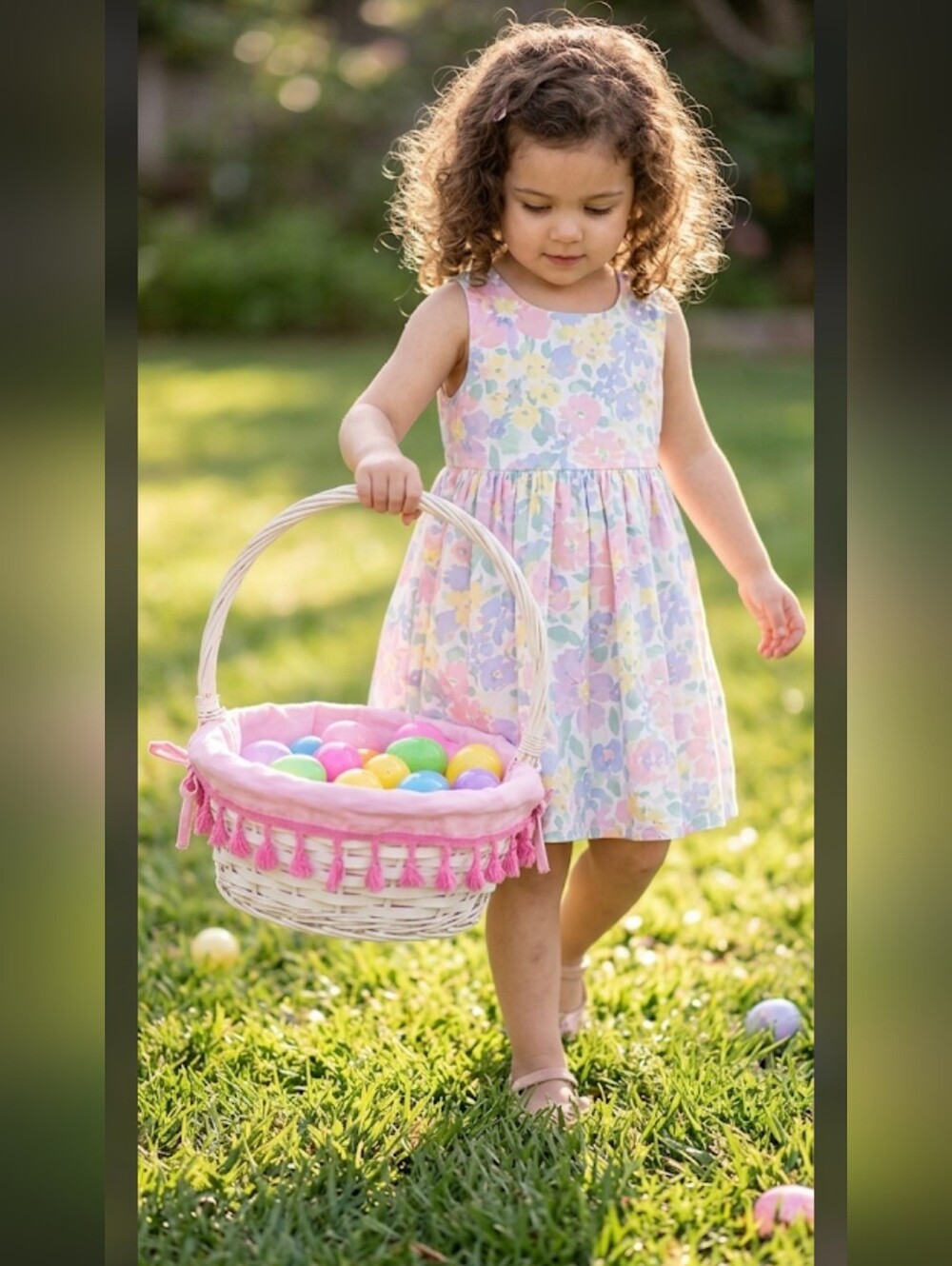White Wicker Easter Basket Pink Tassel Boho Shabby Chic Gift Kids GUC